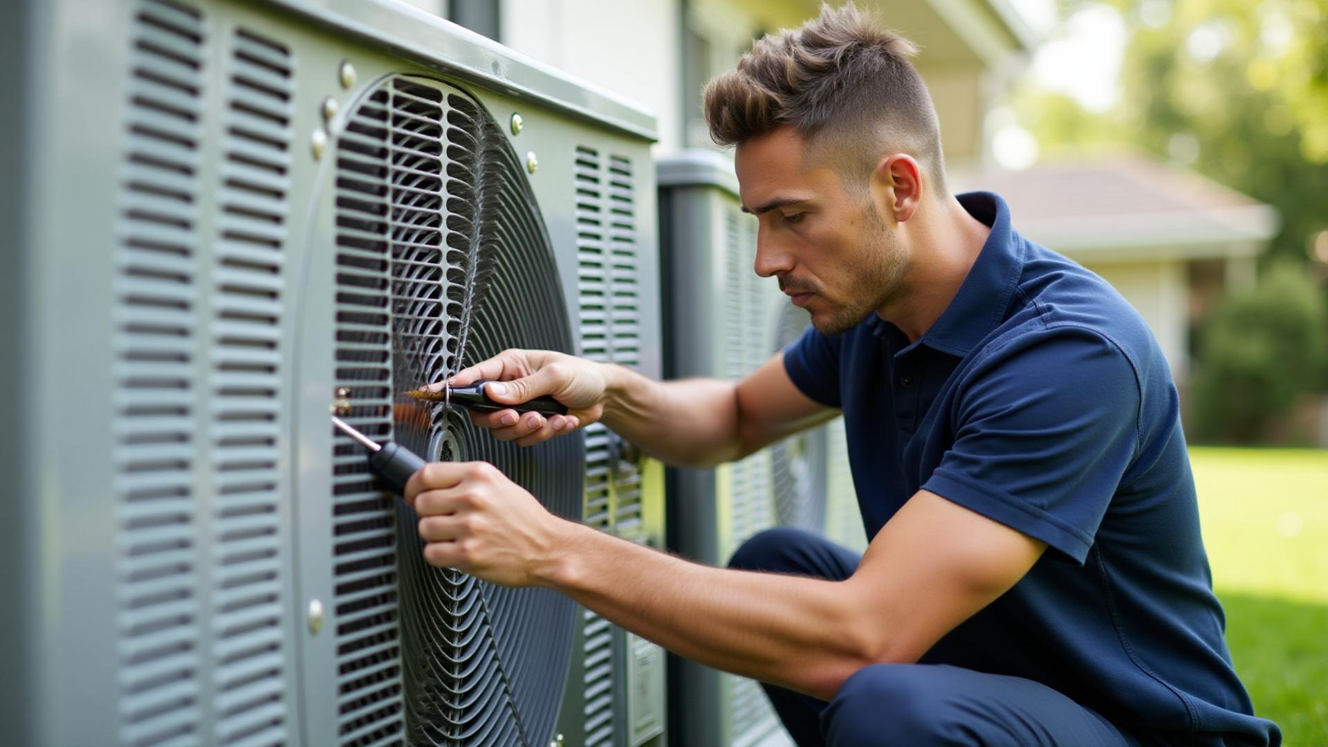 Professional HVAC maintenance technician performing system tune-up