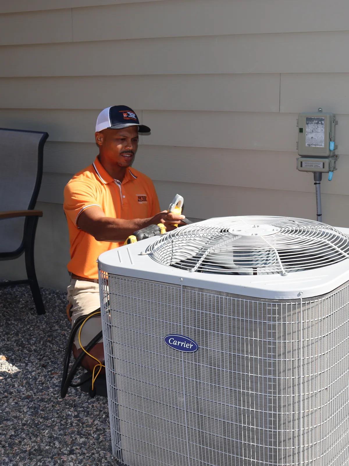 Joel testing at the condenser on a service call